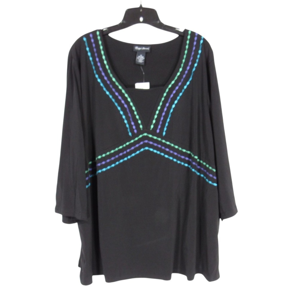 NWT MAGGIE BARNS Black STRETCH TWILL Embroidered Trim SLIT SLEEVES Blouse/Top 3X